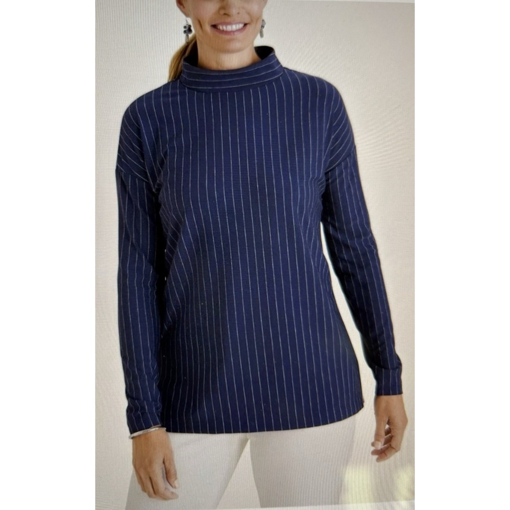 Chicos Pinstripe Mock Neck Top Blue White Stripe Long Sleeve Shirt Size 3 XL